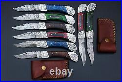 Custom Handmade Damascus Steel Folding Pocket Knife Lot of 8-PCS with Sheath#037