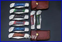 Custom Handmade Damascus Steel Folding Pocket Knife Lot of 8-PCS with Sheath#037