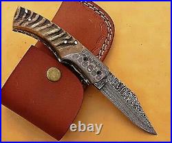 Custom Handmade Damascus Steel Folding Pocket Knife With Polish Rams Horn Handle