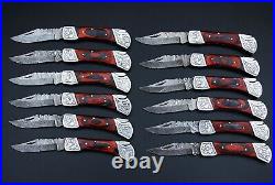 Custom Handmade Damascus Steel Folding Pocket Knife with Sheath 12-Pcs Lot 05