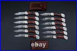Custom Handmade Damascus Steel Folding Pocket Knife with Sheath 12-Pcs Lot 05