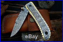 Custom Handmade Damascus Steel Folding/pocket Knife With Damascus & Brass Handel