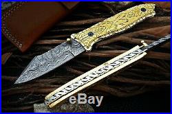 Custom Handmade Damascus Steel Folding/pocket Knife With Engraved Brass Handel