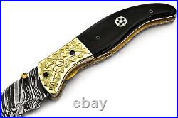 Custom Handmade Damascus Steel Hunting Folding Knife Linear Lock Ram Horn Brass