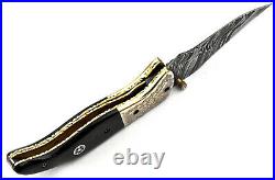 Custom Handmade Damascus Steel Hunting Folding Knife Linear Lock Ram Horn Brass