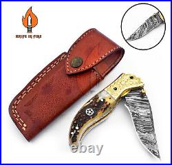 Custom Handmade Damascus Steel Hunting Folding Knife Linear Lock Stag Engraved