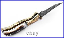 Custom Handmade Damascus Steel Hunting Folding Knife Linear Lock Stag Engraved