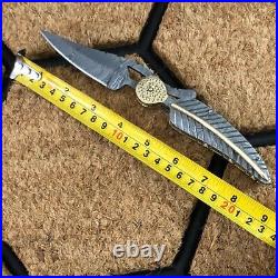Custom Handmade Damascus Steel Hunting Pocket Folding Knife with Leather Sheath