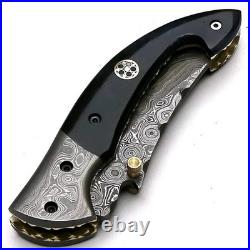 Custom Handmade Damascus Steel Pocket Folding Hunting Camping Knife Bull Horn