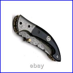 Custom Handmade Damascus Steel Pocket Folding Hunting Camping Knife Bull Horn