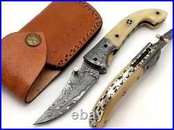 Custom Handmade Damascus Steel Pocket Folding Knife Hunting Camping Knife Bone
