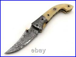 Custom Handmade Damascus Steel Pocket Folding Knife Hunting Camping Knife Bone