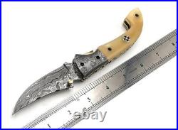 Custom Handmade Damascus Steel Pocket Folding Knife Hunting Camping Knife Bone