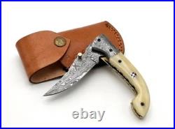Custom Handmade Damascus Steel Pocket Folding Knife Hunting Camping Knife Bone