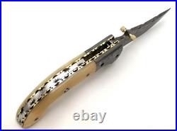 Custom Handmade Damascus Steel Pocket Folding Knife Hunting Camping Knife Bone