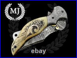 Custom Handmade Damascus Steel Pocket Folding Knife Hunting Camping Knife Luxury