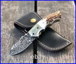 Custom Handmade Damascus Steel Pocket Knife Folding Blade /Hunting / Camping EDC