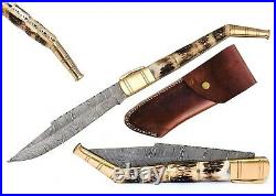 Custom Handmade Damascus Steel Pocket Knife Folding Blade stag handle