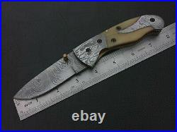 Custom Handmade Damascus Steel Pocket Liner Lock Folding Knife With Sheath