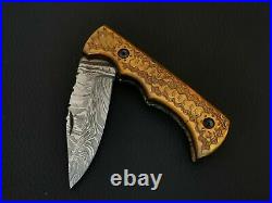 Custom Handmade Damascus Steel Pocket Non Lock Folding Knife With Sheath