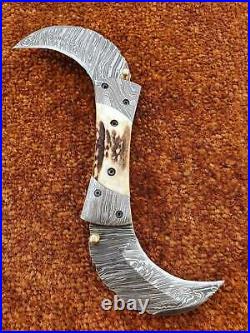 Custom Handmade Damascus Steel Stag Horn Handle Multi tool Folding Knife