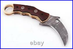 Custom Handmade Damascus steel Pocket Knife Hunting KARAMBIT Folding Knife Gift