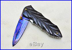 Custom Handmade Folding Knife Color Damascus Engraved Buffalo Horn Handle Scale
