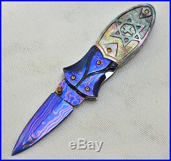 Custom Handmade Folding Knife Color Damascus Star Of David Black Pearl Engraved