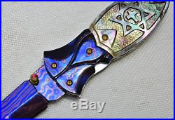 Custom Handmade Folding Knife Color Damascus Star Of David Black Pearl Engraved