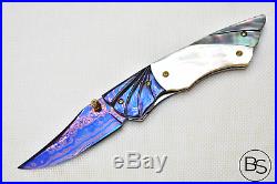 Custom Handmade Folding Knife Color Damascus Steel White Pearl & Abalone Scale
