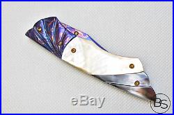 Custom Handmade Folding Knife Color Damascus Steel White Pearl & Abalone Scale
