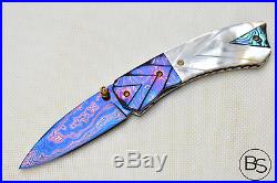 Custom Handmade Folding Knife Color Damascus White Pearl Carved Garnet Goldscrew
