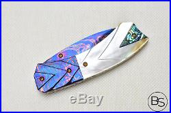 Custom Handmade Folding Knife Color Damascus White Pearl Carved Garnet Goldscrew