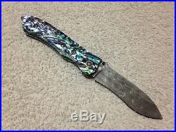 Custom Handmade Folding Knife Damascus Abalone Brass Swarowsky