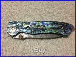 Custom Handmade Folding Knife Damascus Abalone Brass Swarowsky