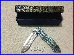 Custom Handmade Folding Knife Damascus Abalone Brass Swarowsky