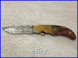 Custom Handmade Folding Knife Polished Damascus Stabilized Red Wood Brass