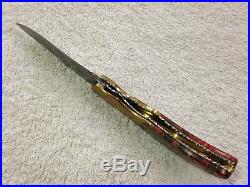 Custom Handmade Folding Knife Polished Damascus Stabilized Red Wood Brass