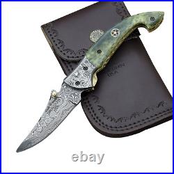 Custom Handmade Forged Damascus Steel Edc Folding Blade Pocket Knife + Sheath
