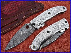 Custom Handmade Full Damascus Hand Engraved Steel Folding Collectible Knife