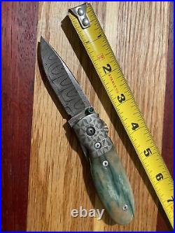 Custom Handmade Liner Lock Folding Art Knife Damascus MINT Unknown Maker