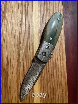 Custom Handmade Liner Lock Folding Art Knife Damascus MINT Unknown Maker