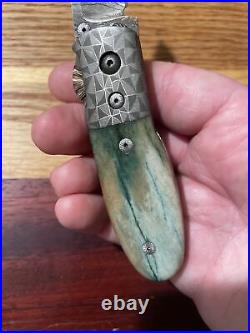 Custom Handmade Liner Lock Folding Art Knife Damascus MINT Unknown Maker