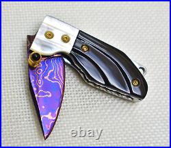 Custom Handmade Mini Folding Knife Color Damascus Buffalo Horn White Pearl Scale