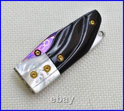 Custom Handmade Mini Folding Knife Color Damascus Buffalo Horn White Pearl Scale