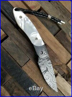 Custom Higgins and Peak Folding Knife, Damascus, Mother of Pearl, with Diamond