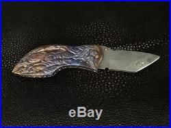 Custom Knife Folding Handmade by Lek Bovi Alabama Damascus Steel Titanium carved