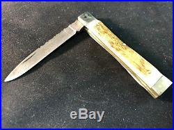 Custom Made Damascus Blade Stag Grip Brass Bolster Folding Knife