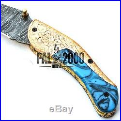 Custom Made Damascus Folding Pocket Knife HAND ENGRAVED Handle A-WORK-OF-ART