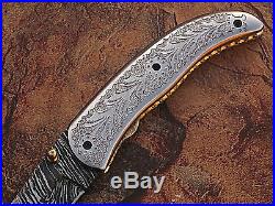 Custom Made Damascus Solid Steel Engraved Handle 7.4 Easy Lock Folding Knife
